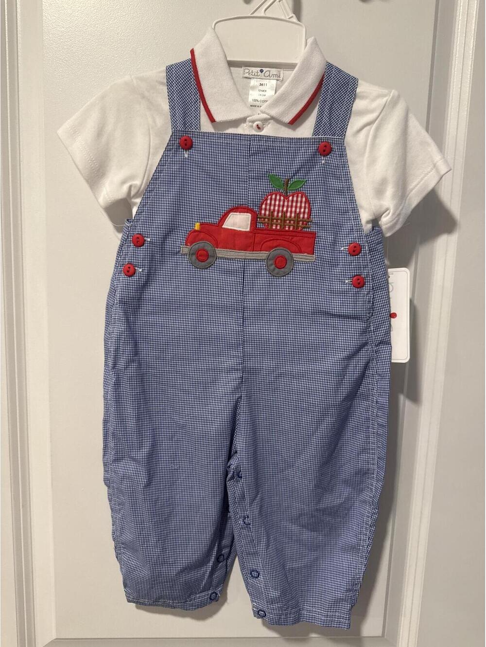 Petit Ami Baby Boy Blue Checkered Overalls with White Polo Shirt Set